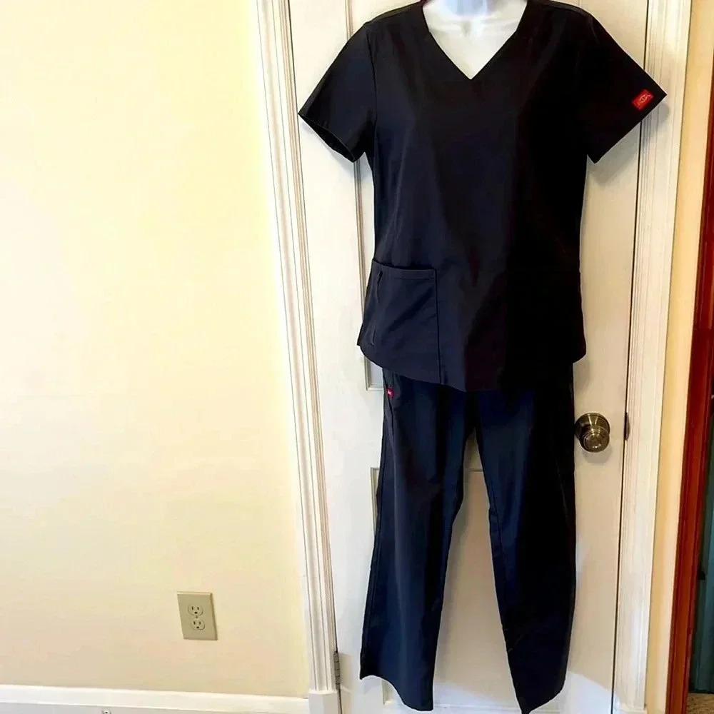 Dickies Scrub Work Set 2 Piece Women’s Small‎ Gray Stretch Band Pants Pockets